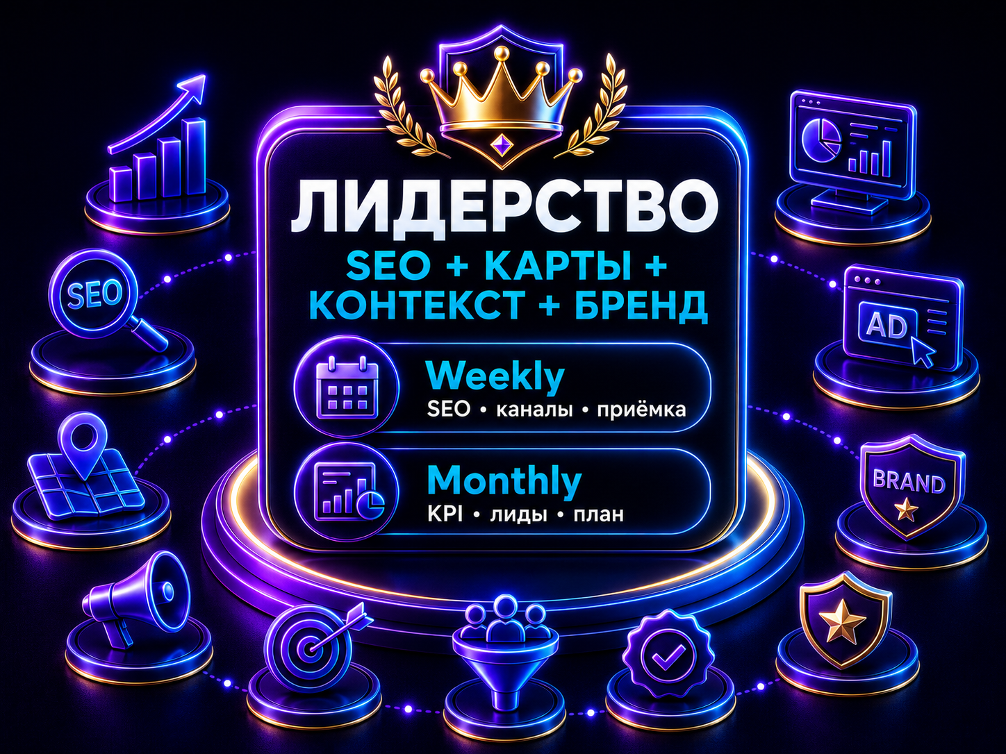 Иллюстрация тарифа «Лидерство: SEO + карты + контекст + бренд»