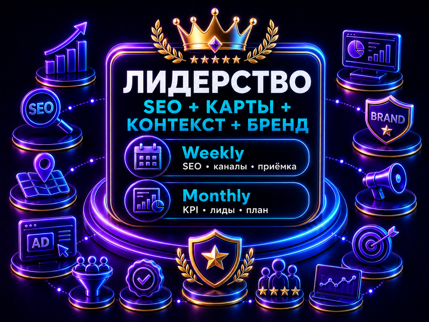 Иллюстрация тарифа «Лидерство: SEO + карты + контекст + бренд»