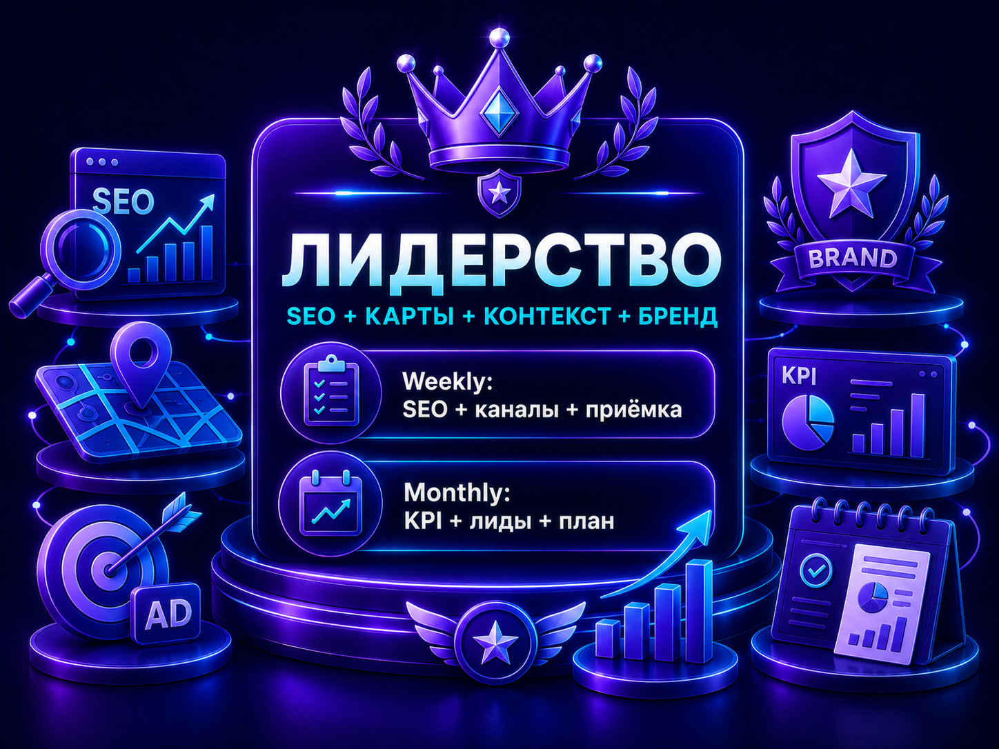 Иллюстрация тарифа «Лидерство: SEO + карты + контекст + бренд»